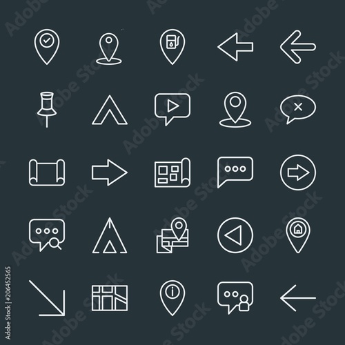 Modern Simple Set of location, arrows, chat and messenger, security Vector outline Icons. Contains such Icons as  gps, message,  sign,  map and more on dark background. Fully Editable. Pixel Perfect.