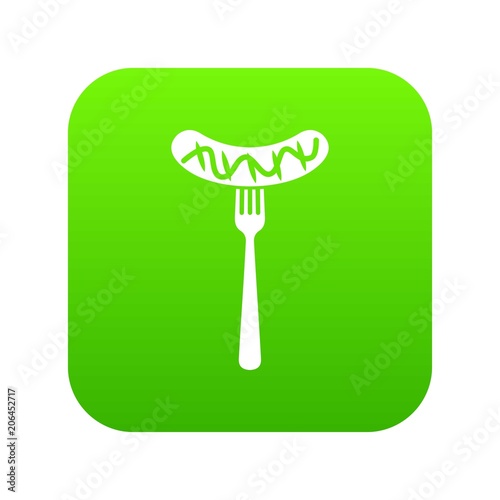Grilled sausage on a fork mustard icon digital green for any design isolated on white vector illustration