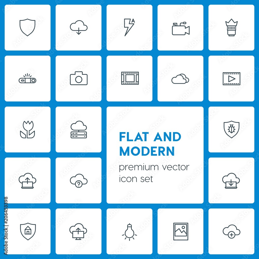 Modern Simple Set of cloud and networking, security, video, photos Vector outline Icons. Contains such Icons as protection, lens, video and more on dark background. Fully Editable. Pixel Perfect Modern Simple Set of cloud and networking, security, video, photos Vector outline Icons. Contains such Icons as protection, lens, video and more on dark background. Fully Editable. Pixel Perfect