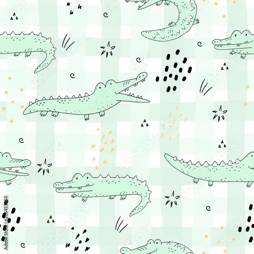 Tapety Ładny ręcznie rysowane wzór z zabawnymi krokodylami.