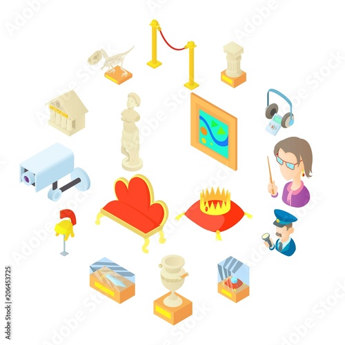 Museum icons set in cartoon style. Antique and culture symbols set collection vector illustration
