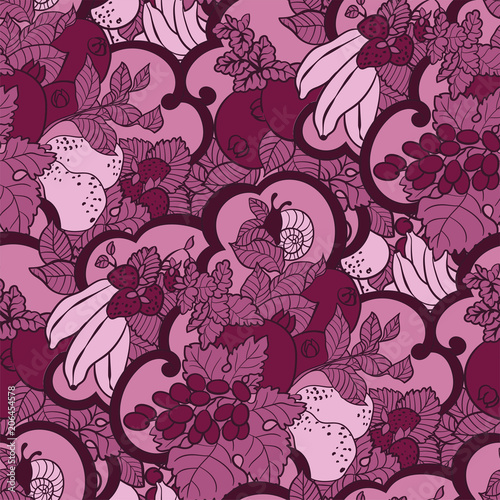 Seamless pattern with abstract curls, fruits and berries in pink and magenta colors.