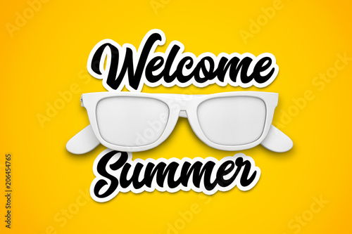 Welcome Summer message with white sunglasses on a bright yellow background. 3d rendering