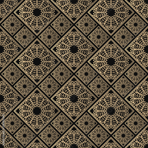 Seamless pattern oriental ornament. Black and golden textile print. Islamic vector design. Floral tiles.