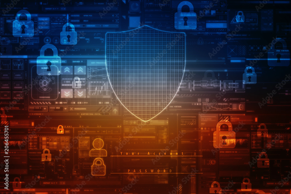 2d illustration Security concept - shield on digital code background