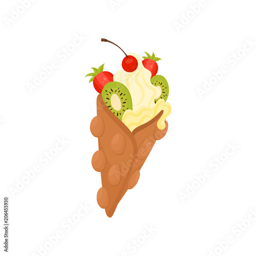 Flat vector icon of Hong Kong waffle with ice-cream. Delicious dessert decorated with ripe strawberry, kiwi and red cherry