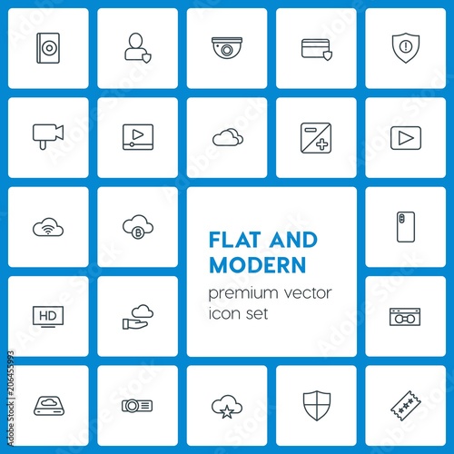 Modern Simple Set of cloud and networking, security, video, photos Vector outline Icons. Contains such Icons as  data, cinema,  projection and more on dark background. Fully Editable. Pixel Perfect