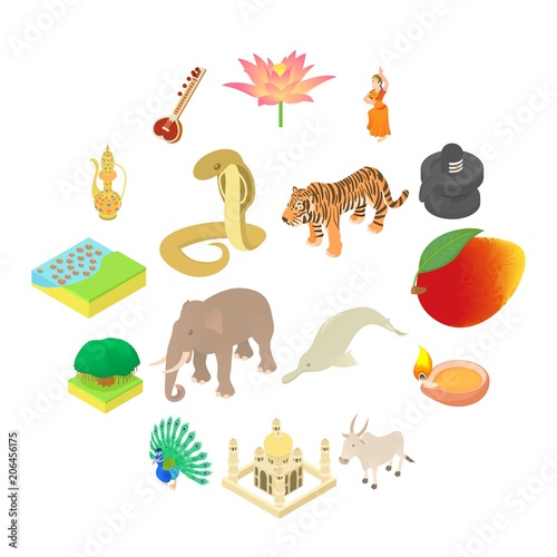 India icons set in isometric 3d style. India elements set collection vector illustration