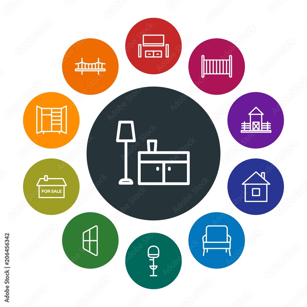 buildings, furniture, housekeeping Infographic Colorful outline Icons Set. Contains such Icons as  nature,  drawer,  wood,  structure, construction,  stool, bar and more. Fully Editable. Pixel Perfect