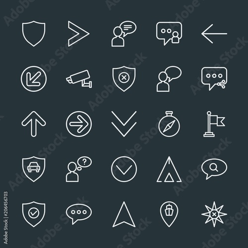 Modern Simple Set of location, arrows, chat and messenger, security Vector outline Icons. Contains such Icons as transportation, user, sea and more on dark background. Fully Editable. Pixel Perfect.