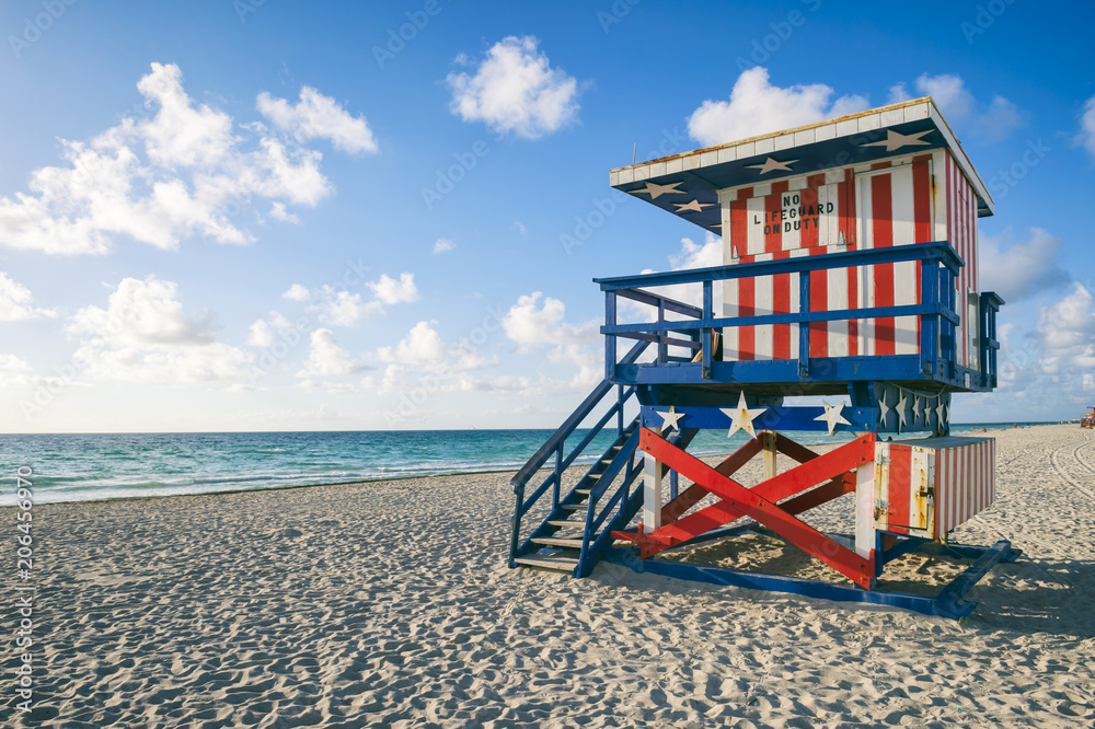 Colorful stars and stripes lifeguard tower on Miami Beach, Florida Colorful stars and stripes lifeguard tower on Miami Beach, Florida