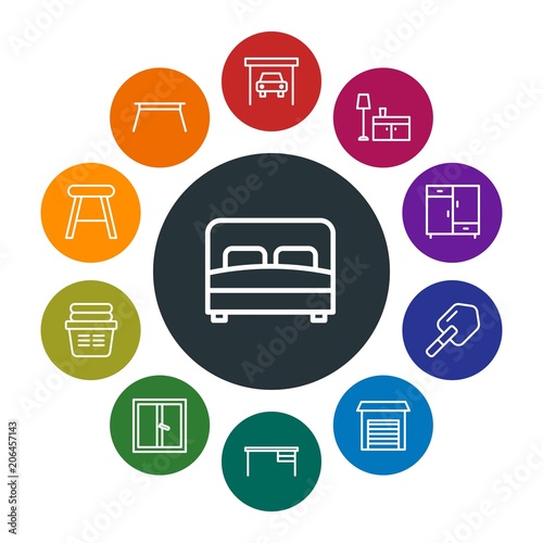 buildings, furniture, housekeeping Infographic Colorful outline Icons Set. Contains such Icons as interior, white, auto, storehouse, home, equipment, bed and more. Fully Editable. Pixel Perfect