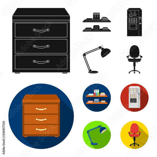 Shelves, folders and notebooks with business records, a coffee machine with cups, an armchair with a backrest on wheels, a desk lamp. Office Furniture set collection icons in black, flat style vector