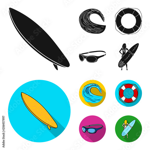 Oncoming wave, life ring, goggles, girl surfing. Surfing set collection icons in black, flat style vector symbol stock illustration web.