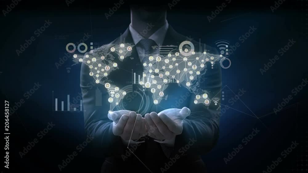 Businessman opens two palms, Dots connecting line, dots makes global world map, internet of things. 4k movie. Businessman opens two palms, Dots connecting line, dots makes global world map, internet of things. 4k movie.