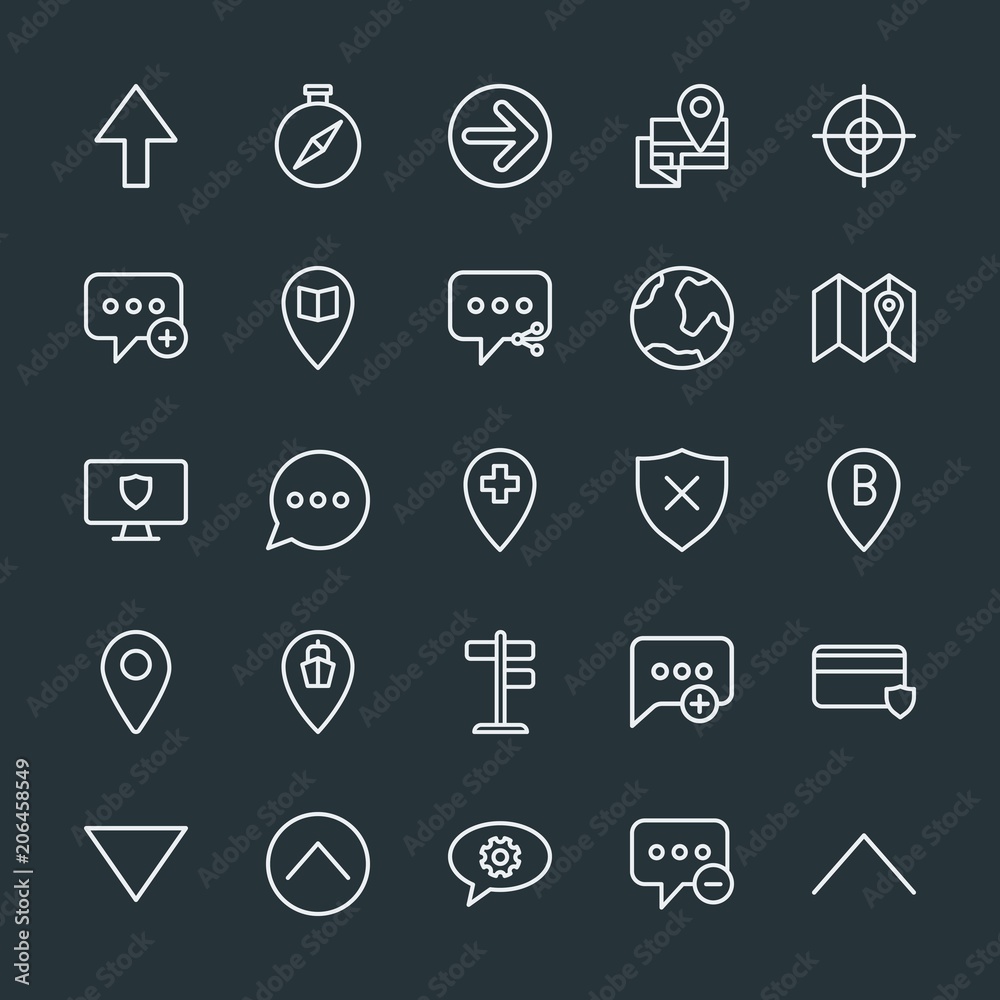 Modern Simple Set of location, arrows, chat and messenger, security Vector outline Icons. Contains such Icons as  smartphone,  marketing, up and more on dark background. Fully Editable. Pixel Perfect.