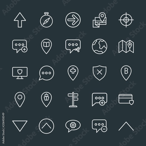 Modern Simple Set of location, arrows, chat and messenger, security Vector outline Icons. Contains such Icons as smartphone, marketing, up and more on dark background. Fully Editable. Pixel Perfect.