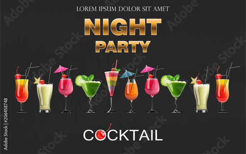 Cocktail drinks Vector realistic banner. Night party template with summer drinks collection. 3d illustrations