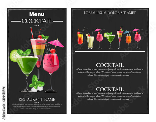 Cocktail drinks Vector realistic banner flyer layout. Night party template with summer drinks collection. 3d illustrations