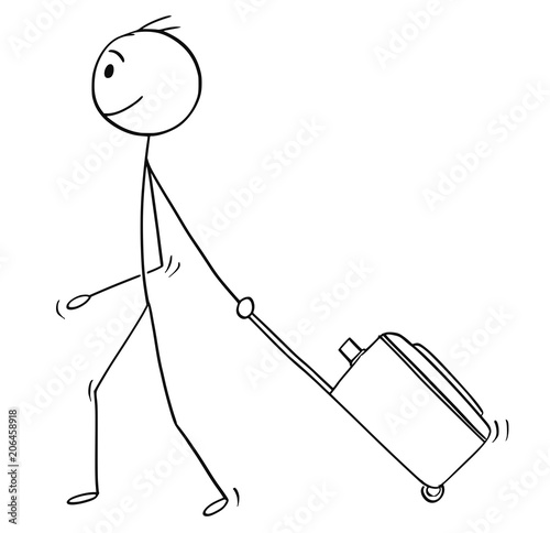 Cartoon stick man drawing conceptual illustration of man or male tourist with wheeled luggage or case going on holiday or vacation.