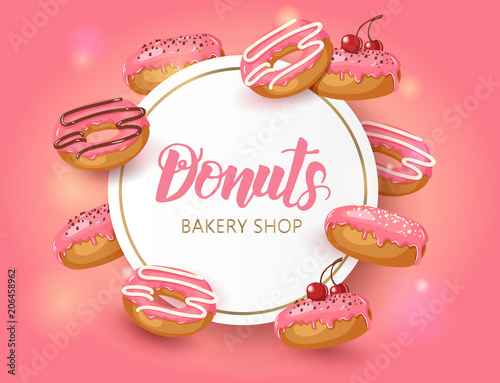 Vector Sweet background Frame with pink glazed donuts with cherry and powder. Desert for menu and banners. Food design