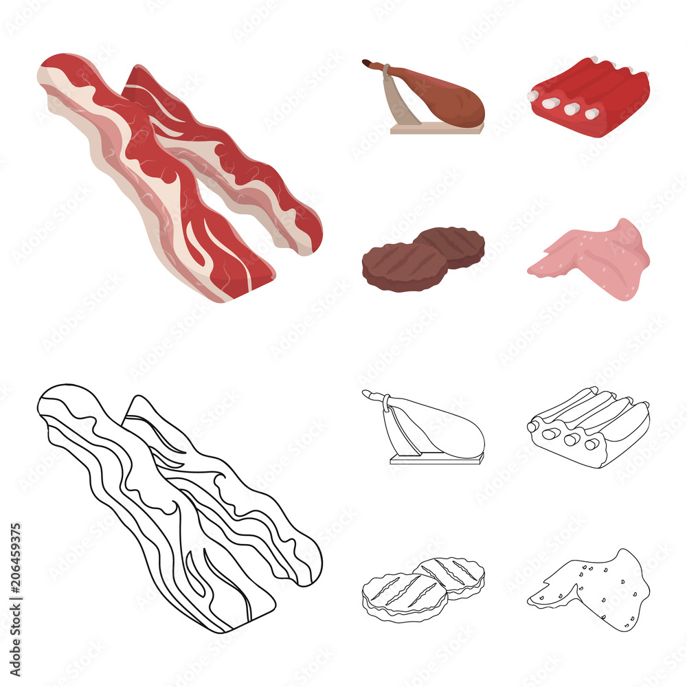 Bacon, jamon, pork ribs, fried cutlets. Meat set collection icons in  cartoon,outline style vector symbol stock illustration web. Stock Vector