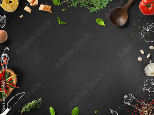 Italian cooking - food ingredients with sketches on blackboard photo