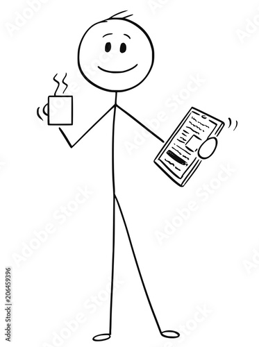 Cartoon stick man drawing conceptual illustration of happy businessman with mug of coffee or tea and tablet in hands. Business concept of success and creativity.