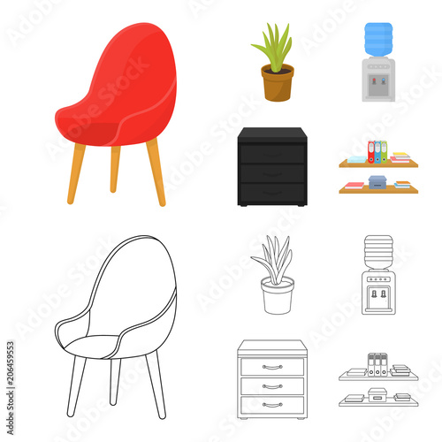 A red chair with a comfortable back, an aloe flower in a pot, an apparatus with clean water, a cabinet for office papers. Office Furniture set collection icons in cartoon,outline style vector symbol