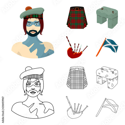 Highlander, Scottish Viking, tartan, kilt, scottish skirt, scone stone, national musical instrument of bagpipes. Scotland set collection icons in cartoon,outline style vector symbol stock illustration photo