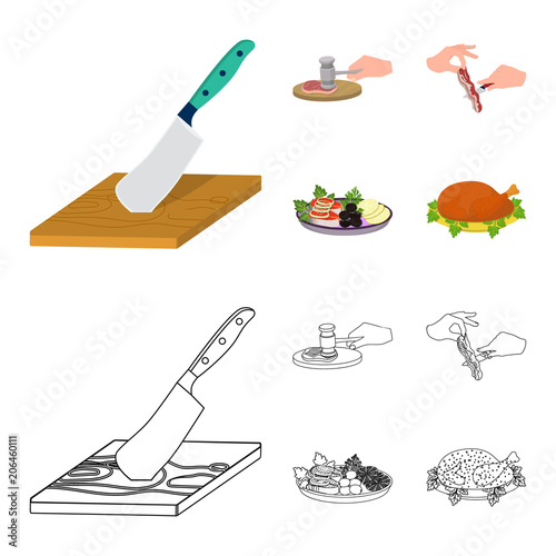 Cutlass on a cutting board, hammer for chops, cooking bacon, eating fish and vegetables. Eating and cooking set collection icons in cartoon,outline style vector symbol stock illustration web.