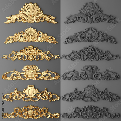 фотографія 3D rendering of gilded stucco, collection cartouche