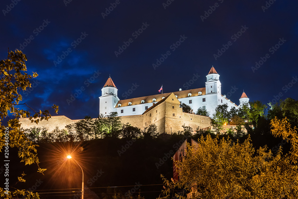 Bratislava, Slovakia May 23, 2018: Bratislava Castle or Bratislavsky Hrad is the main castle of Bratislava, capital of Slovakia by night. Bratislava Castle is located on rocky hill.