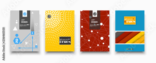 Bright colored book binder. Brochure cover design. Title sheet model set. Modern front page art. Red, yellow, blue, purple info board. Dots, lines plexus, circle, triangles icon. Ad flyer text font