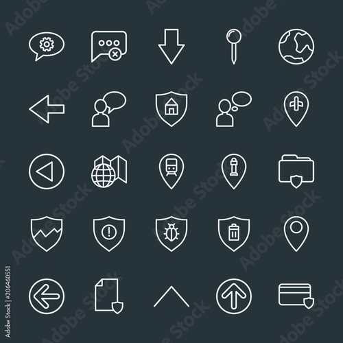 Modern Simple Set of location, arrows, chat and messenger, security Vector outline Icons. Contains such Icons as circular, outdoors, pin and more on dark background. Fully Editable. Pixel Perfect.