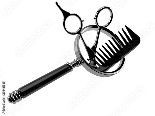 Obraz na płótnie Barber scissors with comber with magnifying glass