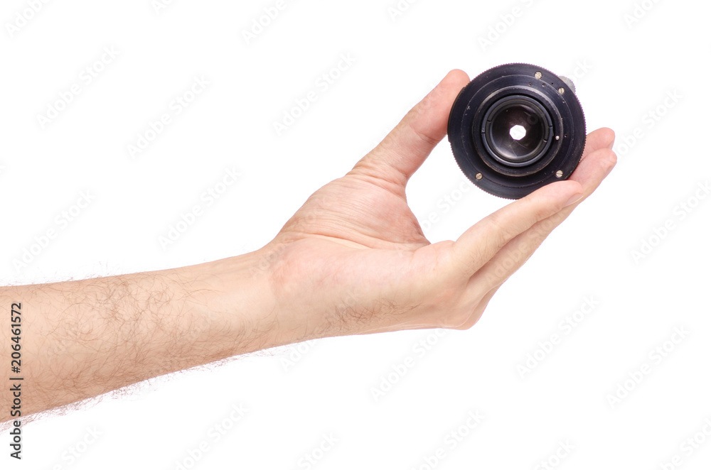 Lens objective in hand on white background isolation