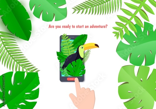 Tropical paradise paper background with leaves and exotic birds in mobile phone and hand. Toucan look out over the thickets of the jungle from screen. Vector card illustration in paper art style