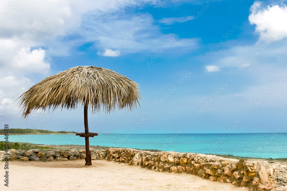 Palm leaf beach umbrella on a deserted shore