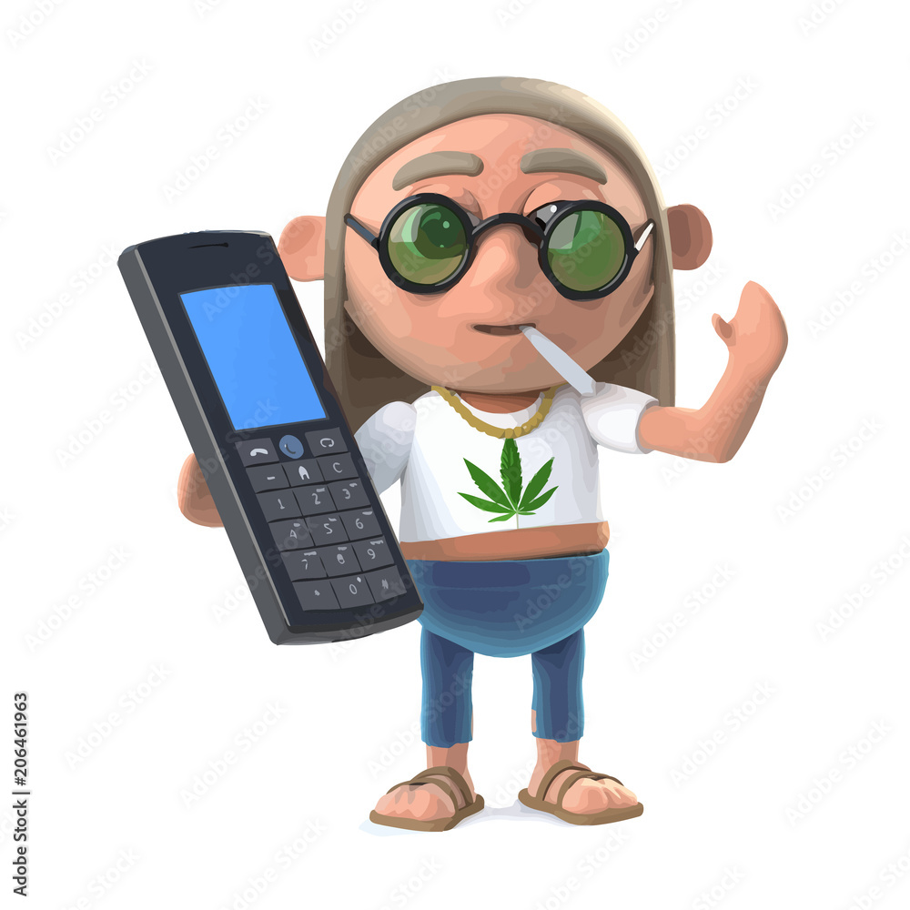 3d Hippie stoner with a mobile phone 3d Hippie stoner with a mobile phone
