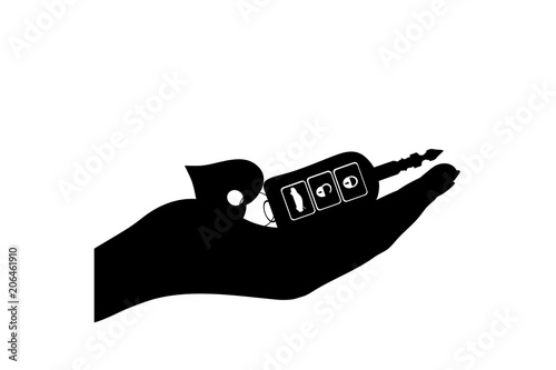 Vector silhouette of hand show of cars key on white background.