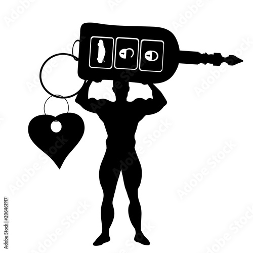 Vector silhouette of man with key of car on white background.