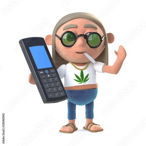 3d Hippie stoner with a mobile phone