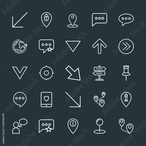 Modern Simple Set of location, arrows, chat and messenger, security Vector outline Icons. Contains such Icons as phone, right, idea, web and more on dark background. Fully Editable. Pixel Perfect.