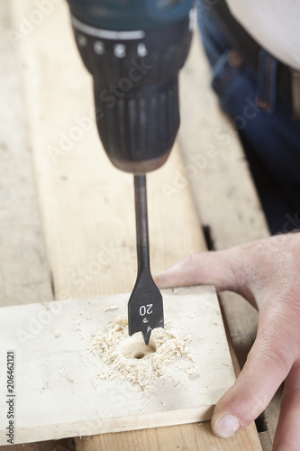 flat wood drill. carpenter. copy space