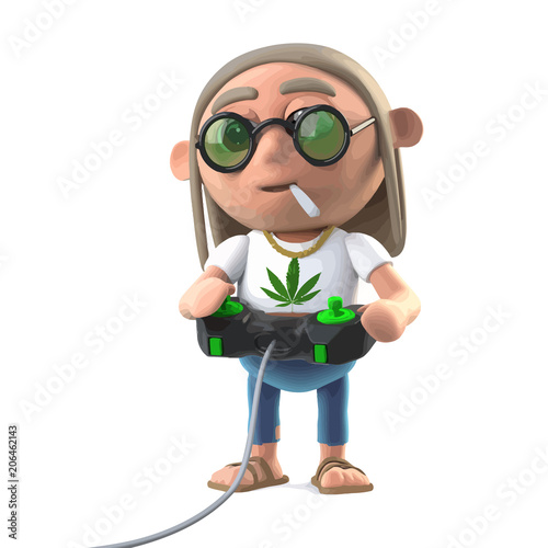 3d Hippie stoner playing a video game
