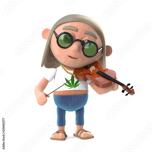 3d Funny cartoon hippy stoner character playing music on a violin