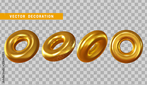 Design element in shape of 3d torus gold color. Round ring tor isolated with transparent background