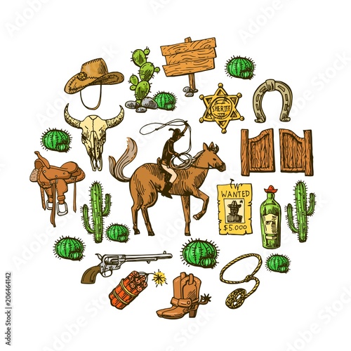 Beautiful hand drawn set of illustration wild west.