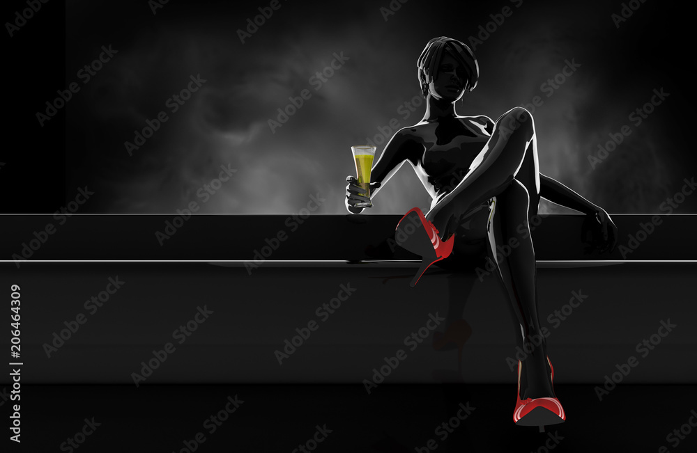 Fototapeta premium Silhouette woman sit with drink